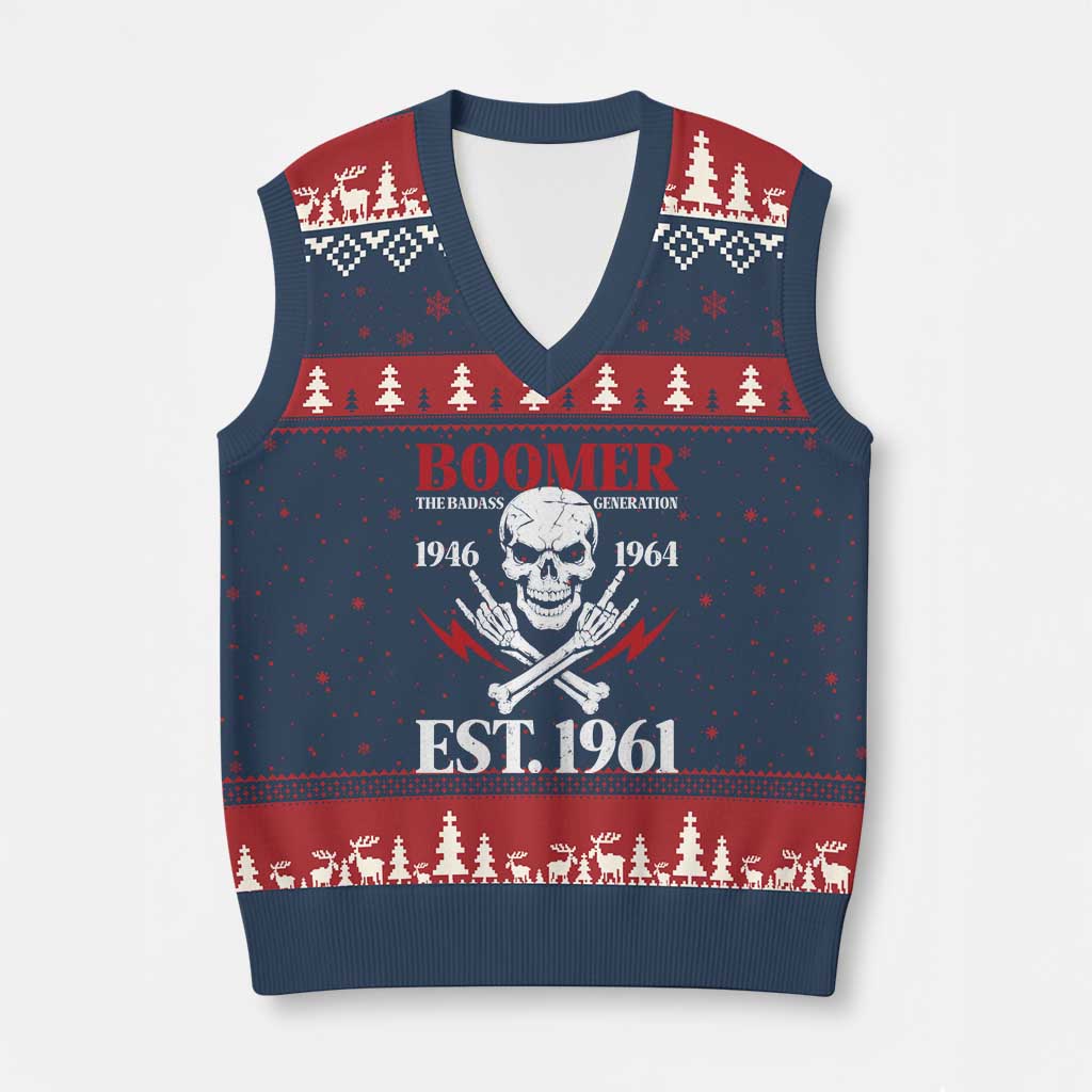 Funny Baby Boomer The Badass Generation V-Neck Knit Sweater Vest EST 1961 Birthday Gift Skull Rock On Graphic