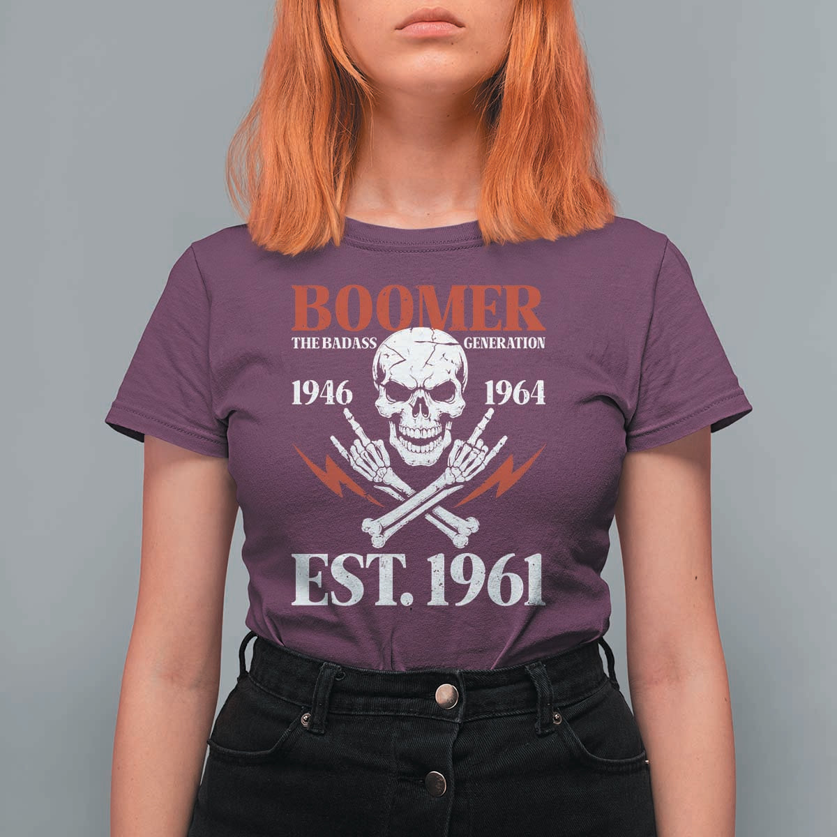 Funny Baby Boomer The Badass Generation T Shirt For Women EST 1961 Birthday Gift Skull Rock On Graphic