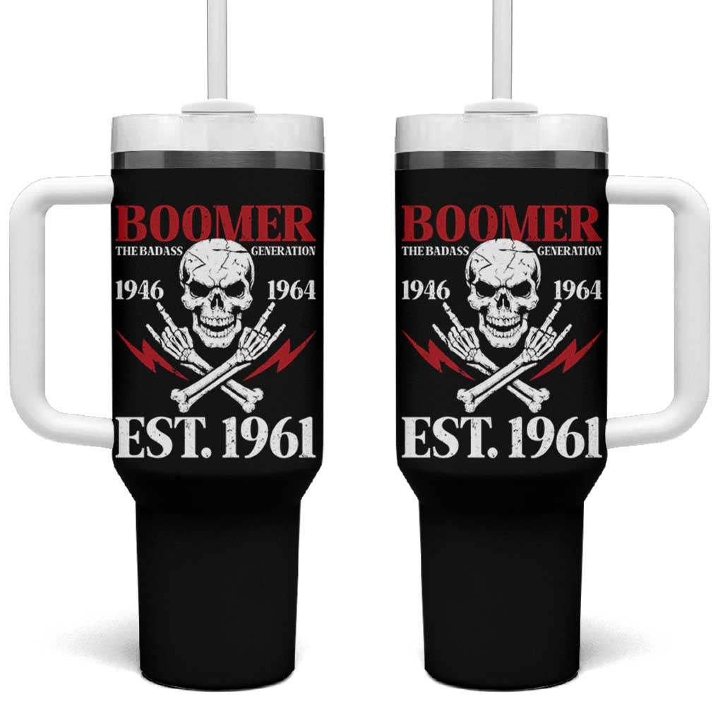 Funny Baby Boomer The Badass Generation Tumbler With Handle EST 1961 Birthday Gift Skull Rock On Graphic