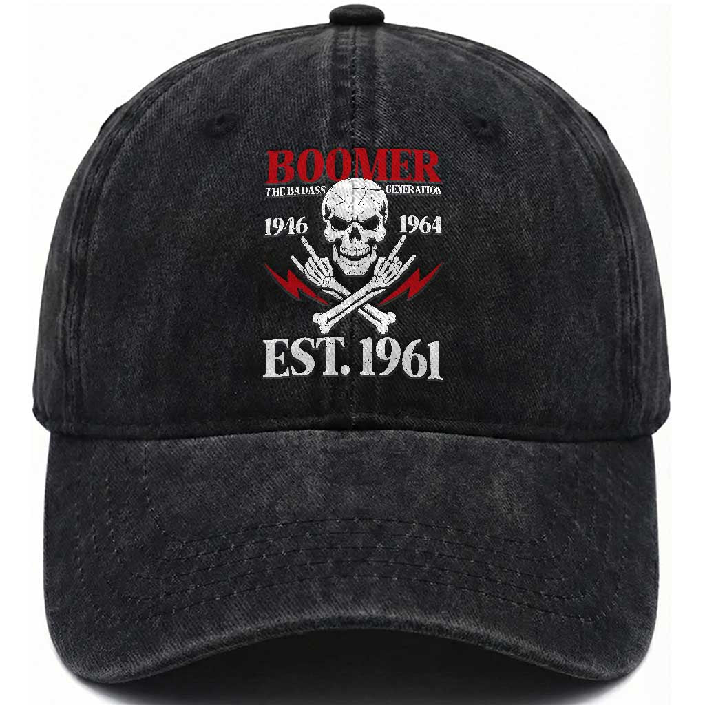 Funny Baby Boomer The Badass Generation Washed Cotton Baseball Cap EST 1961 Birthday Gift Skull Rock On Graphic