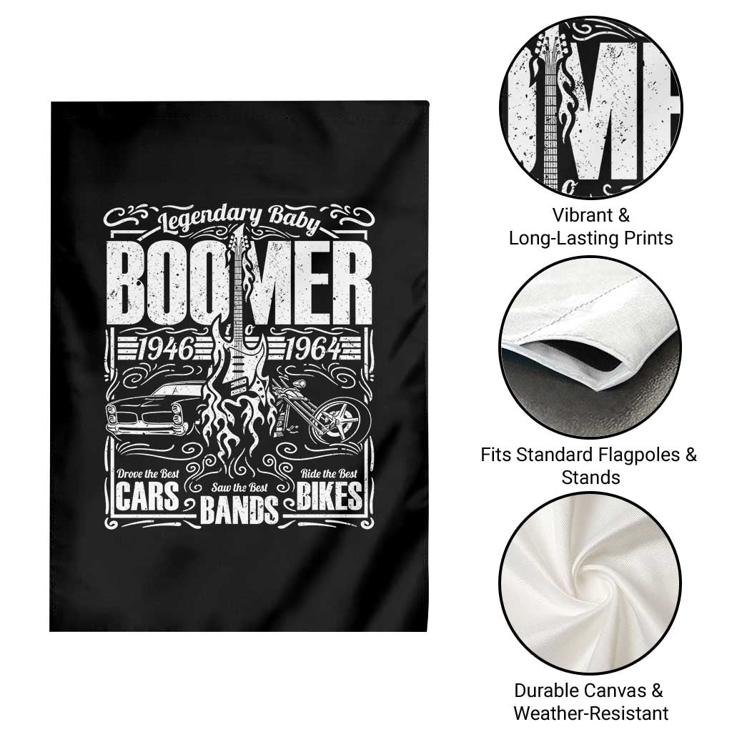 Legendary Baby Boomer Generation 1946 to 1964 Garden Flag Vintage Rocker Classic Cars And Bikes Graphic
