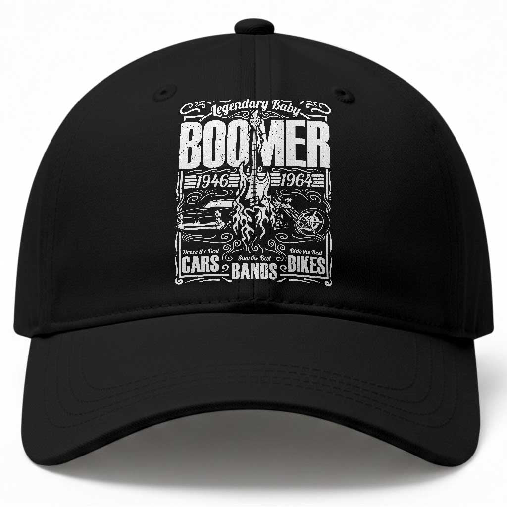 Legendary Baby Boomer Generation 1946 to 1964 Baseball Cap Vintage Rocker Classic Cars And Bikes Graphic