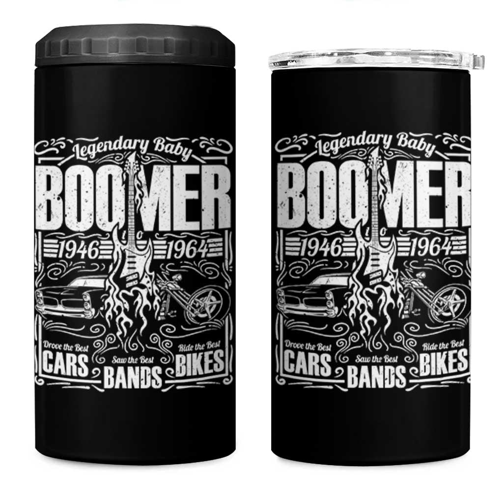 Legendary Baby Boomer Generation 1946 to 1964 4 in 1 Can Cooler Tumbler Vintage Rocker Classic Cars And Bikes Graphic