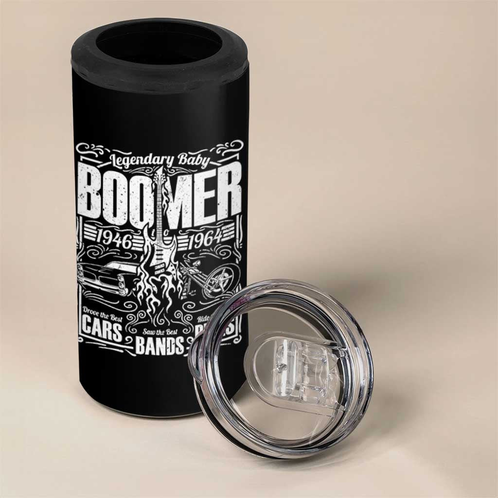 Legendary Baby Boomer Generation 1946 to 1964 4 in 1 Can Cooler Tumbler Vintage Rocker Classic Cars And Bikes Graphic