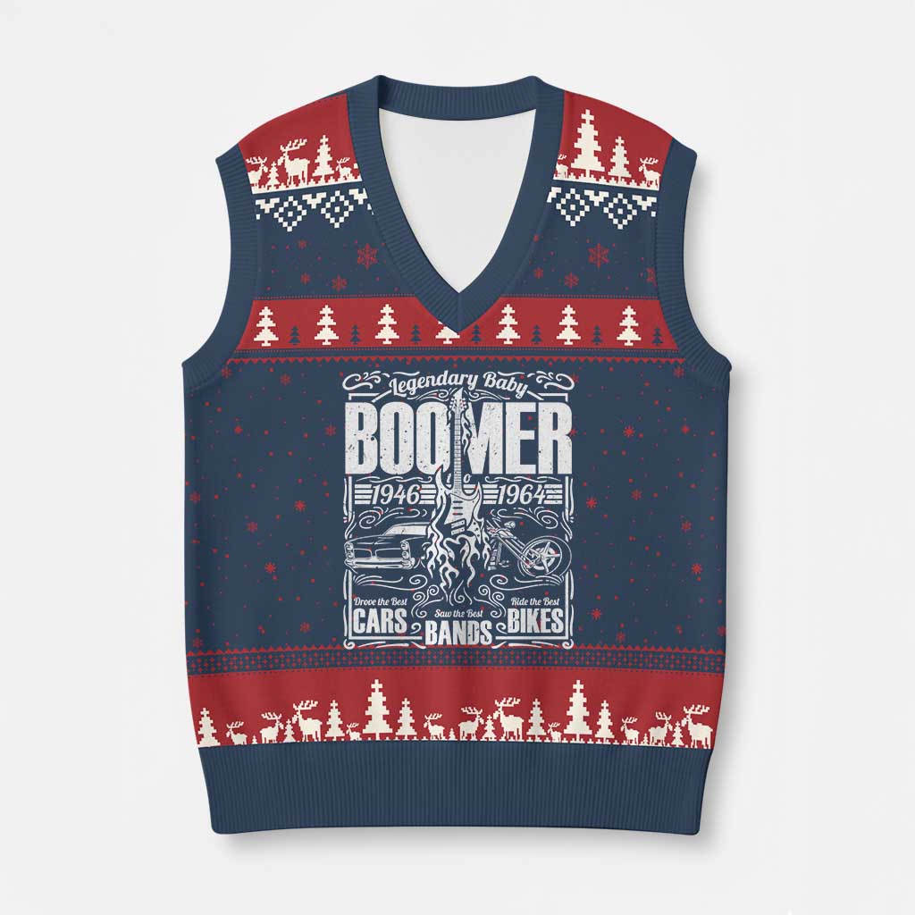 Legendary Baby Boomer Generation 1946 to 1964 V-Neck Knit Sweater Vest Vintage Rocker Classic Cars And Bikes Graphic