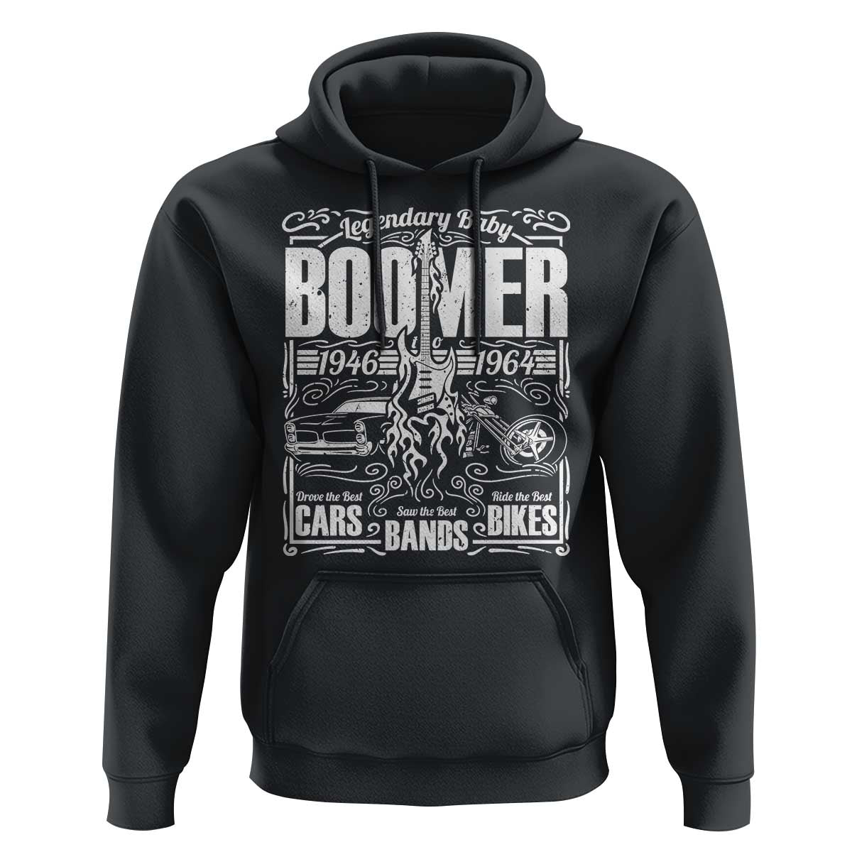 Legendary Baby Boomer Generation 1946 to 1964 Hoodie Vintage Rocker Classic Cars And Bikes Graphic