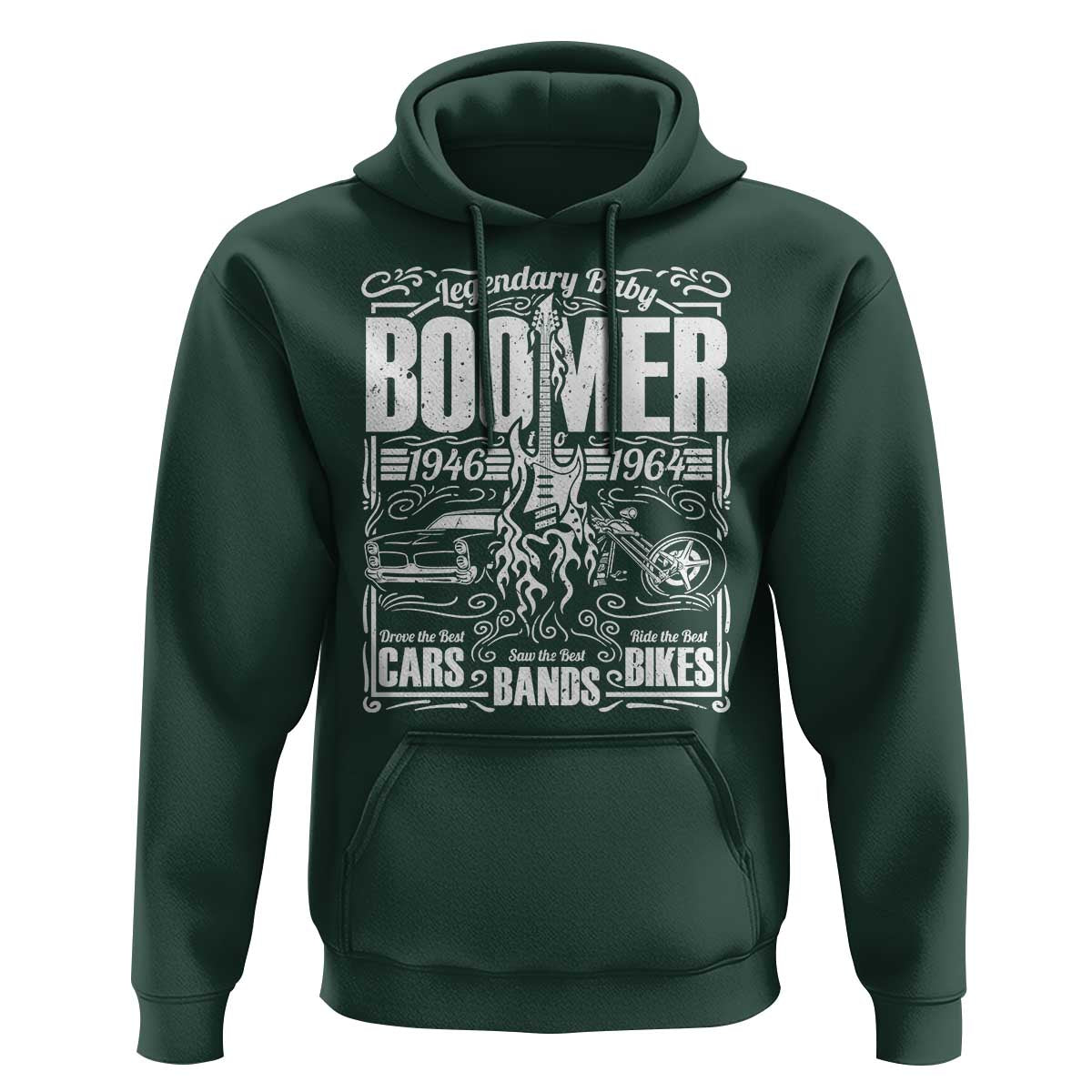 Legendary Baby Boomer Generation 1946 to 1964 Hoodie Vintage Rocker Classic Cars And Bikes Graphic