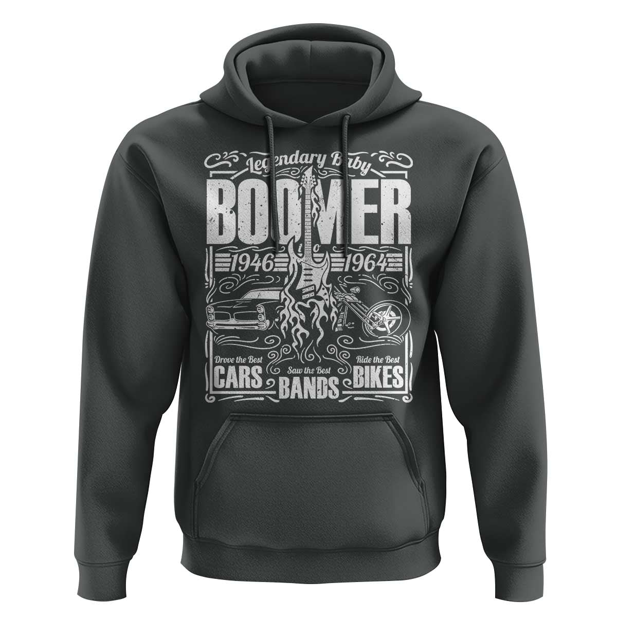 Legendary Baby Boomer Generation 1946 to 1964 Hoodie Vintage Rocker Classic Cars And Bikes Graphic
