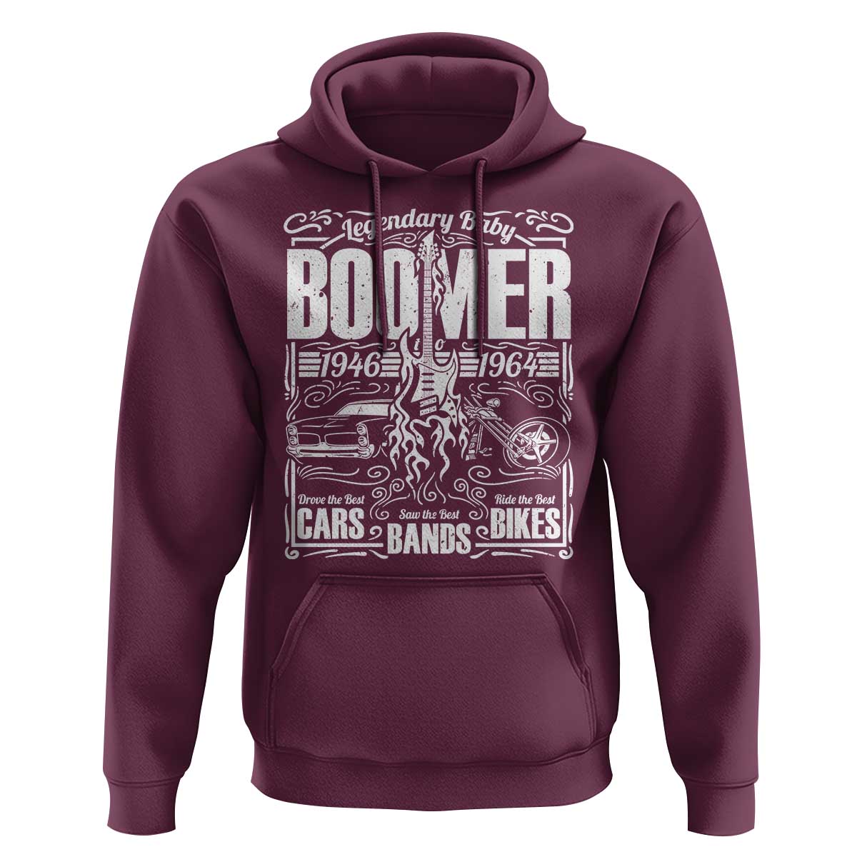 Legendary Baby Boomer Generation 1946 to 1964 Hoodie Vintage Rocker Classic Cars And Bikes Graphic