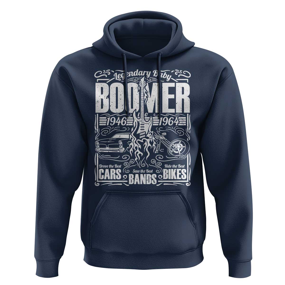 Legendary Baby Boomer Generation 1946 to 1964 Hoodie Vintage Rocker Classic Cars And Bikes Graphic