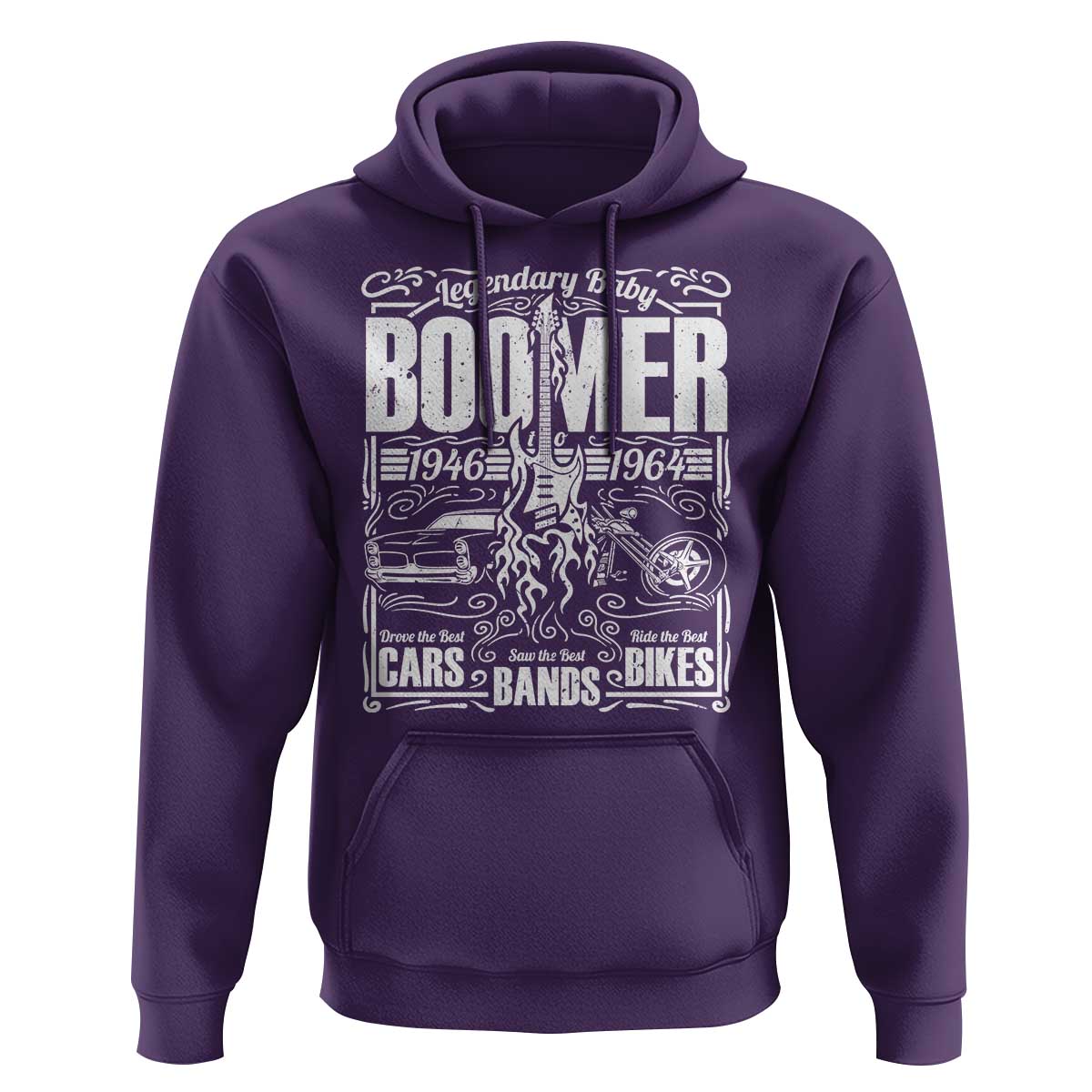 Legendary Baby Boomer Generation 1946 to 1964 Hoodie Vintage Rocker Classic Cars And Bikes Graphic