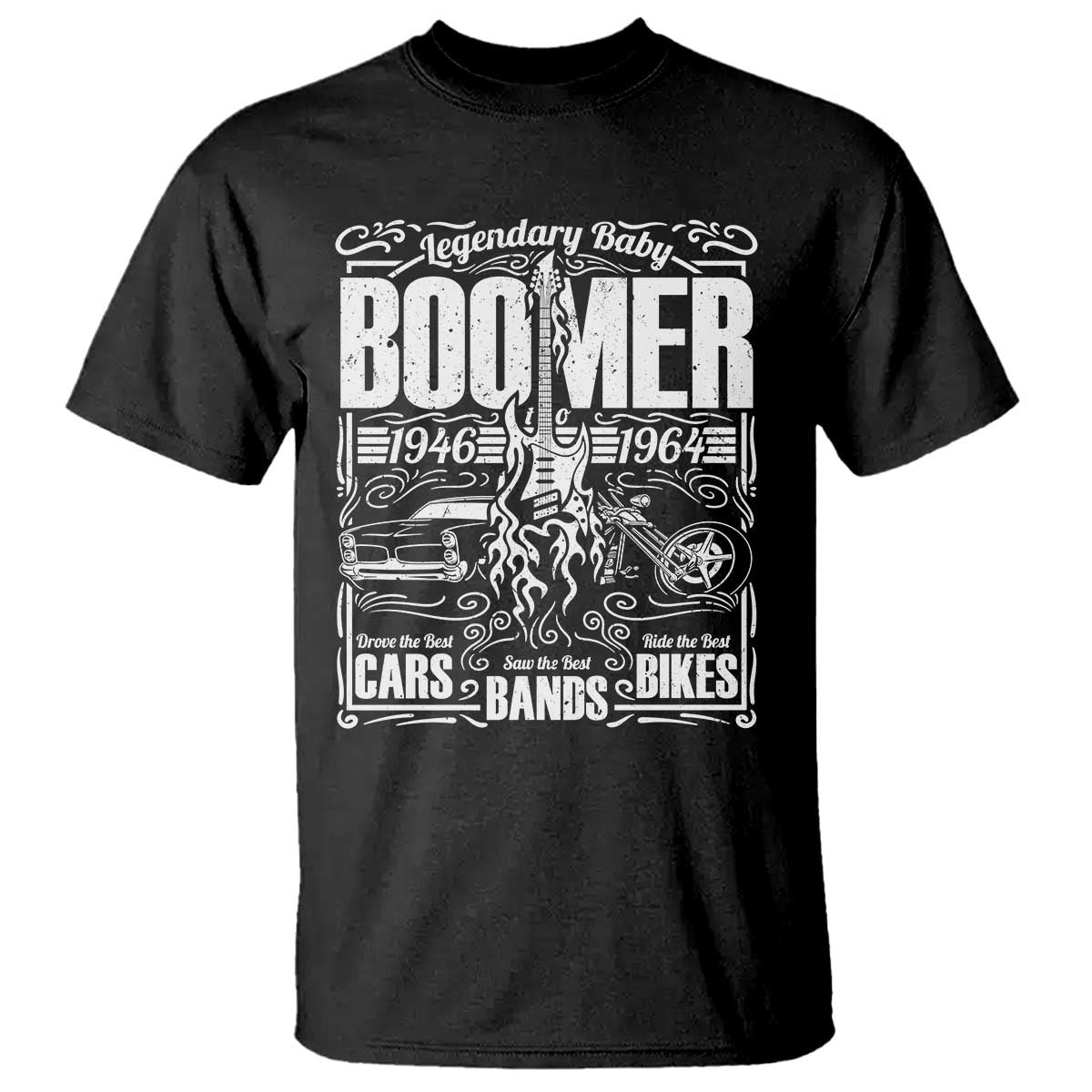 Legendary Baby Boomer Generation 1946 to 1964 T Shirt Vintage Rocker Classic Cars And Bikes Graphic