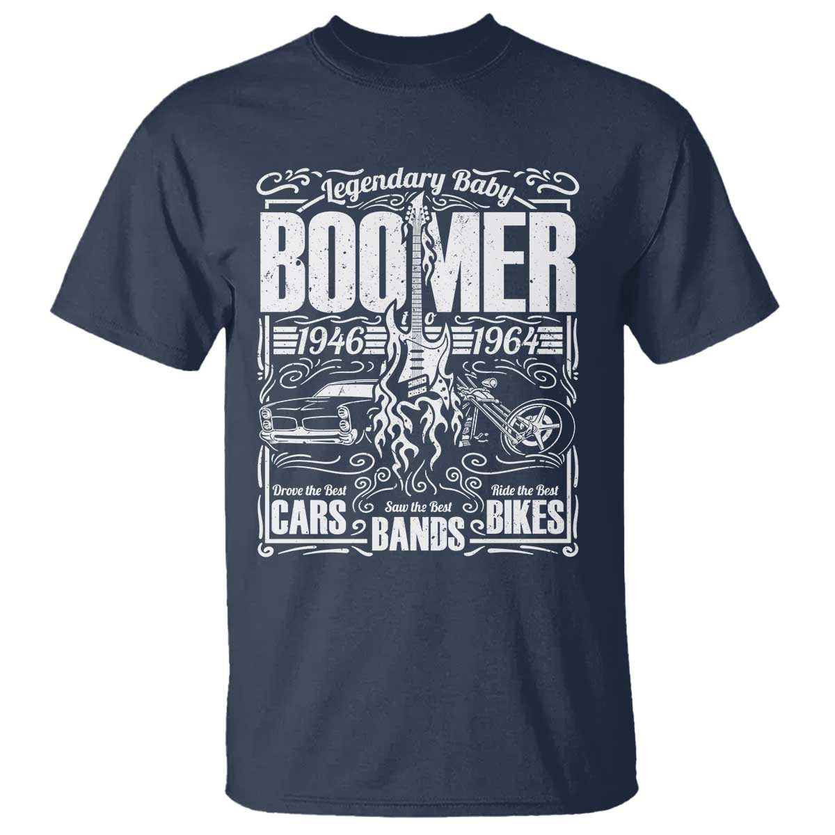 Legendary Baby Boomer Generation 1946 to 1964 T Shirt Vintage Rocker Classic Cars And Bikes Graphic