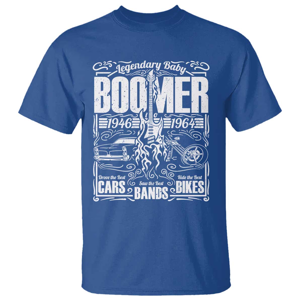 Legendary Baby Boomer Generation 1946 to 1964 T Shirt Vintage Rocker Classic Cars And Bikes Graphic