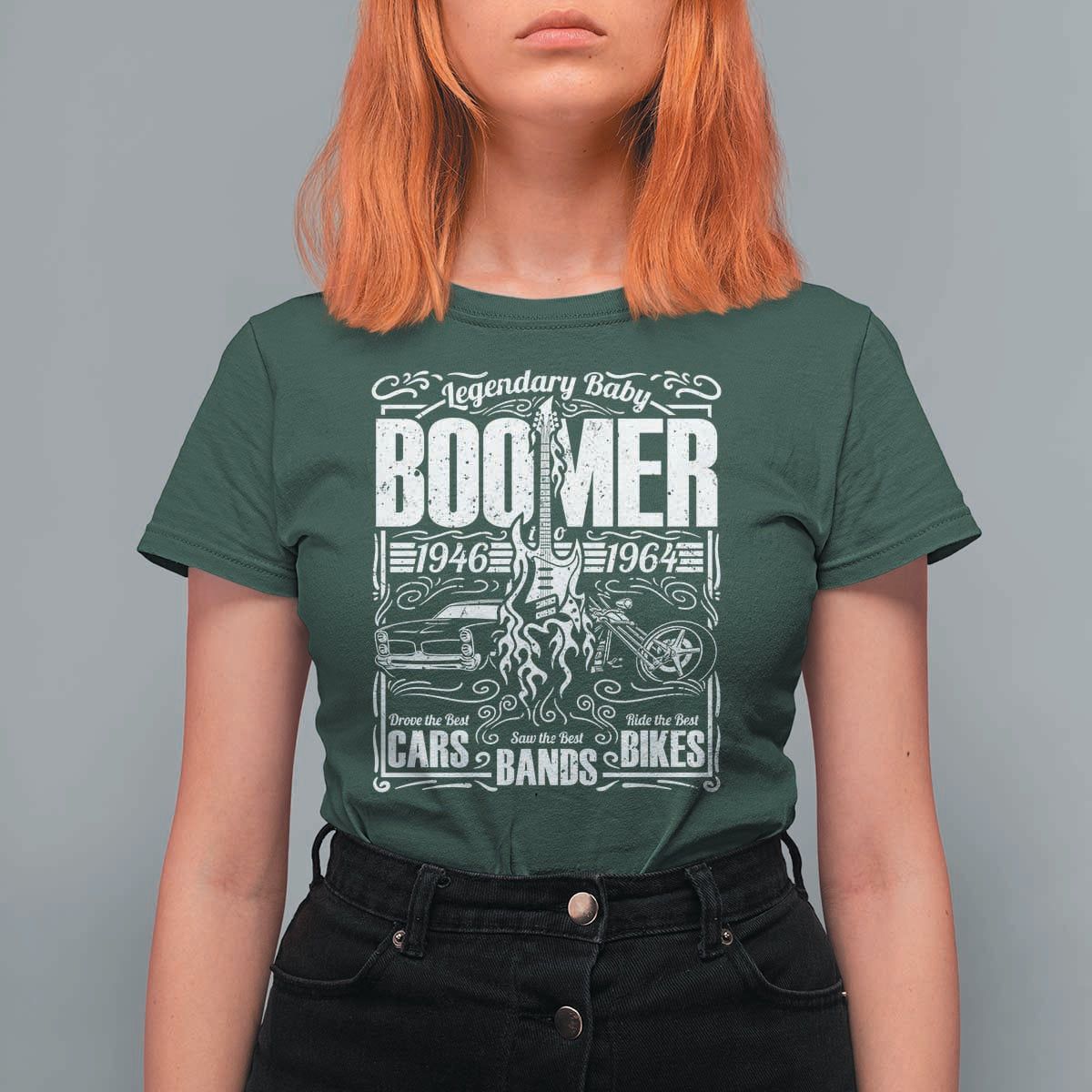 Legendary Baby Boomer Generation 1946 to 1964 T Shirt For Women Vintage Rocker Classic Cars And Bikes Graphic