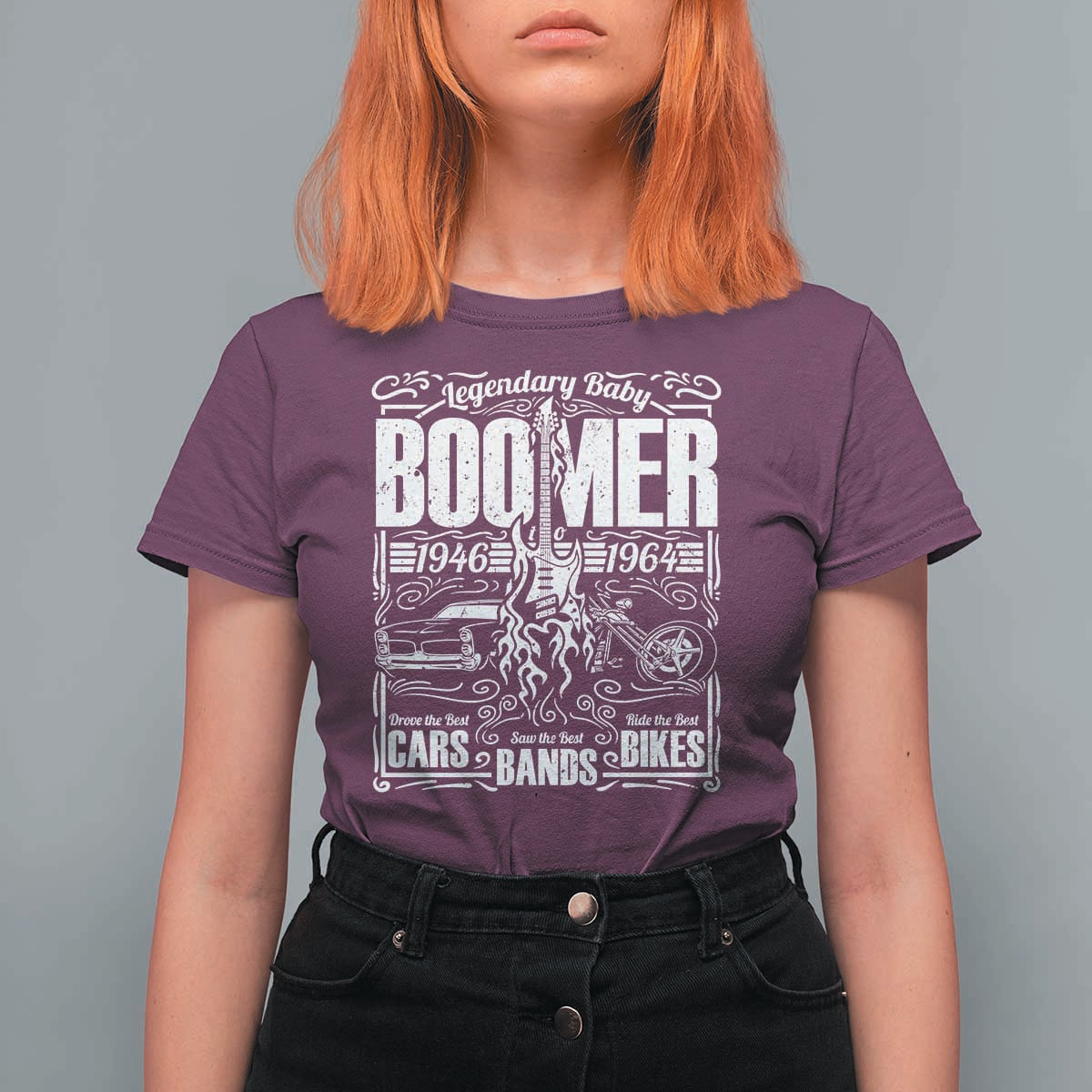 Legendary Baby Boomer Generation 1946 to 1964 T Shirt For Women Vintage Rocker Classic Cars And Bikes Graphic