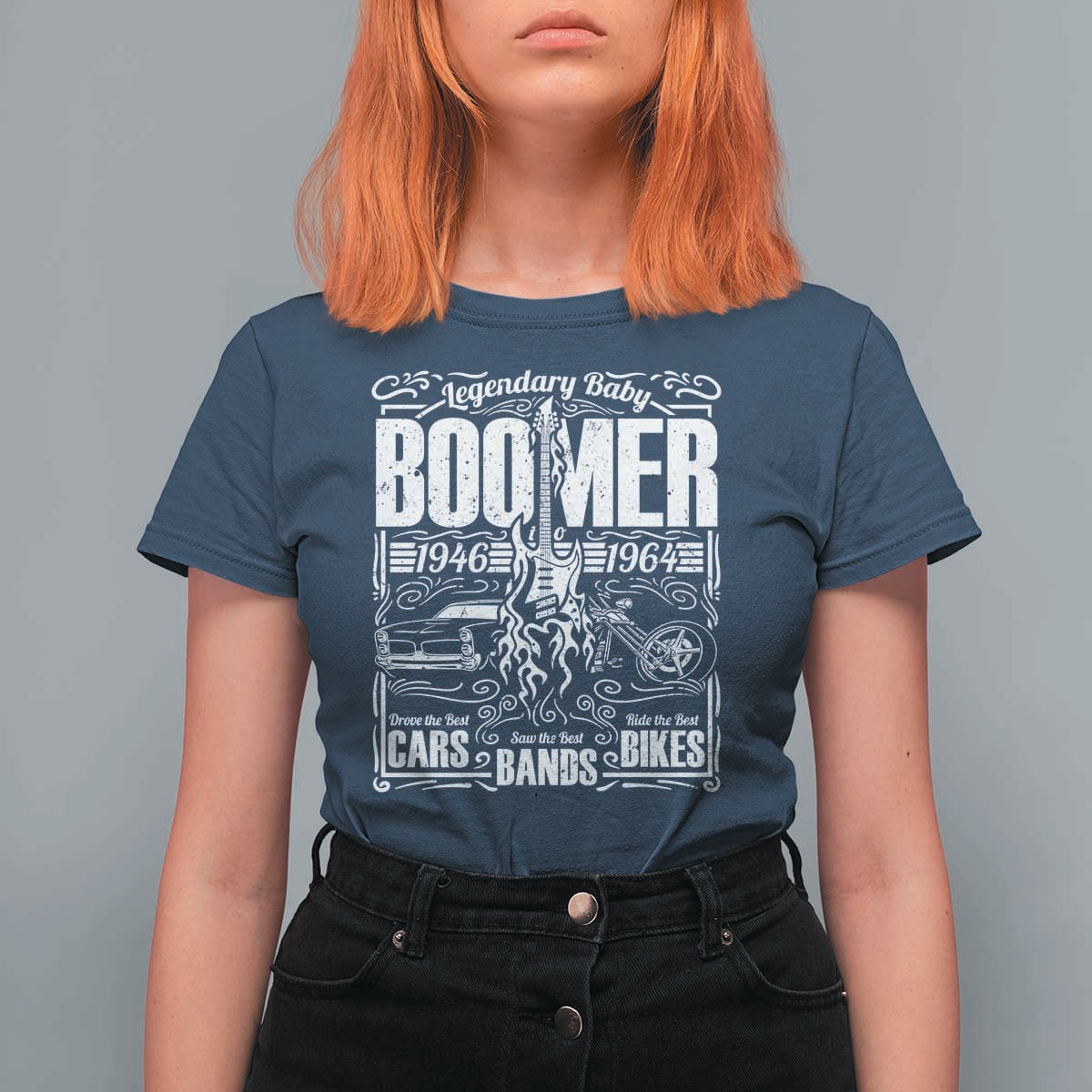 Legendary Baby Boomer Generation 1946 to 1964 T Shirt For Women Vintage Rocker Classic Cars And Bikes Graphic