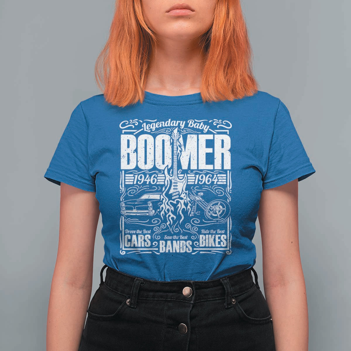 Legendary Baby Boomer Generation 1946 to 1964 T Shirt For Women Vintage Rocker Classic Cars And Bikes Graphic