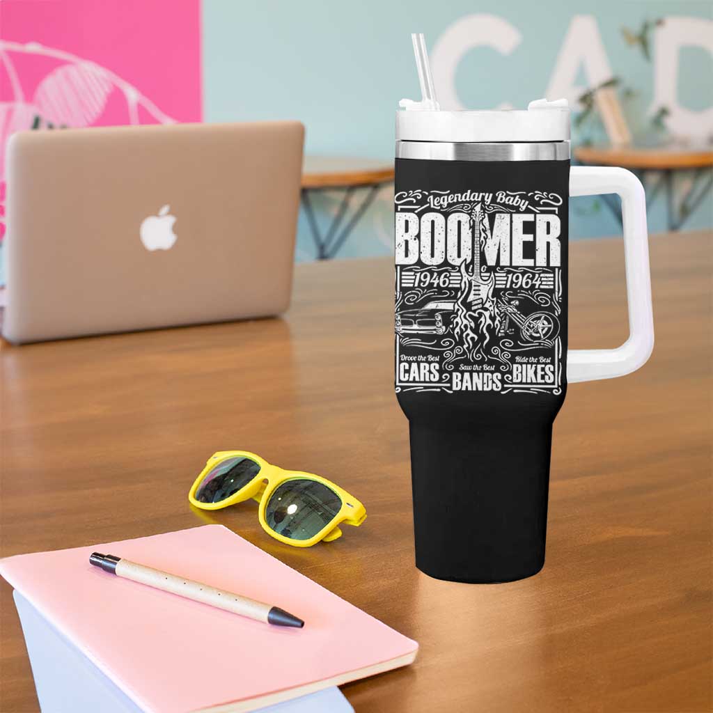 Legendary Baby Boomer Generation 1946 to 1964 Tumbler With Handle Vintage Rocker Classic Cars And Bikes Graphic