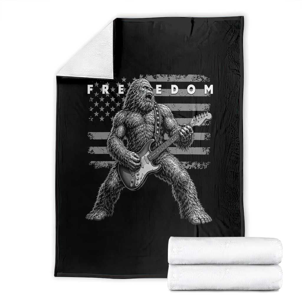 Freedom Bigfoot Playing Electric Guitar Throw Blanket Sasquatch Rock Star American Flag Patriotic Graphic