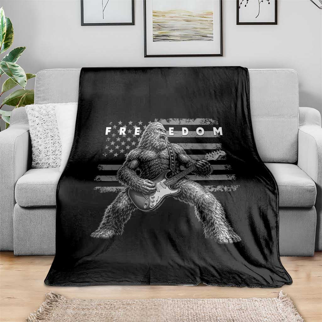 Freedom Bigfoot Playing Electric Guitar Throw Blanket Sasquatch Rock Star American Flag Patriotic Graphic