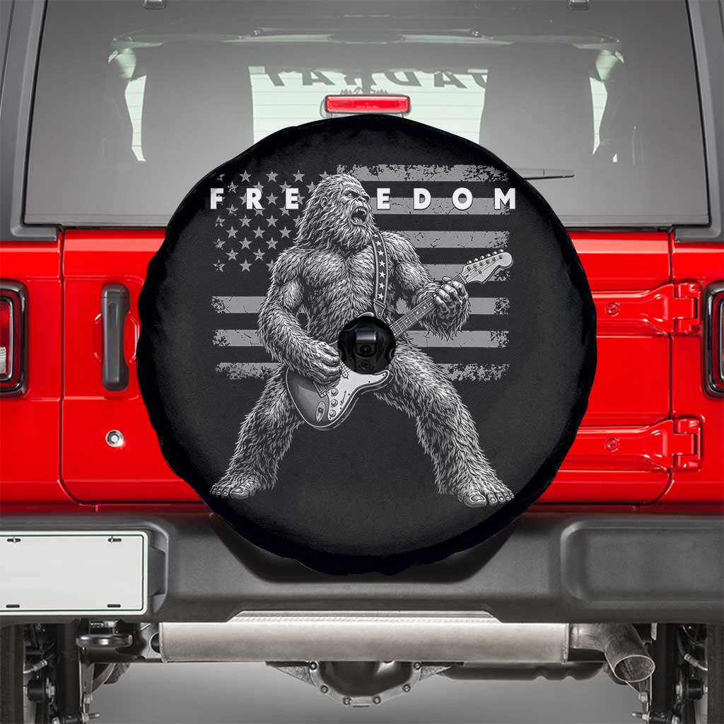 Freedom Bigfoot Playing Electric Guitar Spare Tire Cover Sasquatch Rock Star American Flag Patriotic Graphic