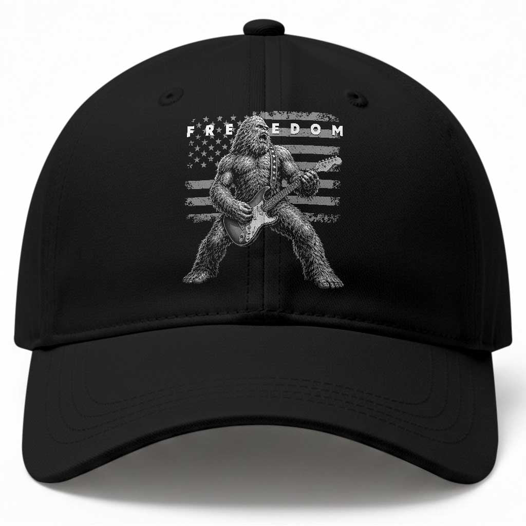 Freedom Bigfoot Playing Electric Guitar Baseball Cap Sasquatch Rock Star American Flag Patriotic Graphic