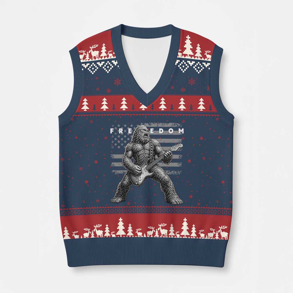 Freedom Bigfoot Playing Electric Guitar V-Neck Knit Sweater Vest Sasquatch Rock Star American Flag Patriotic Graphic