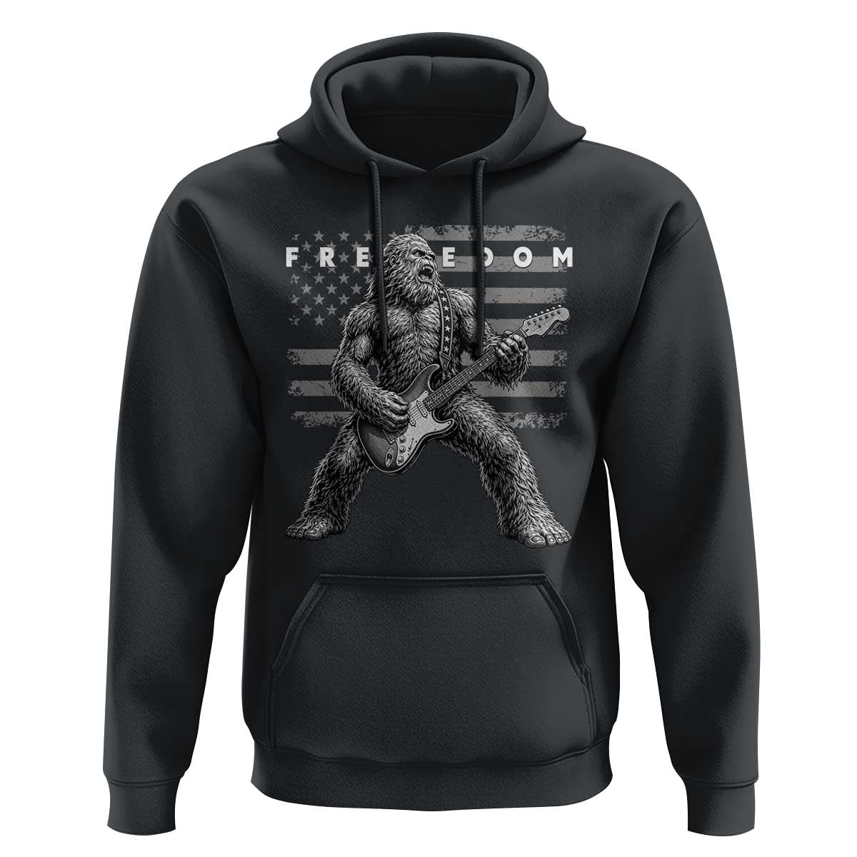 Freedom Bigfoot Playing Electric Guitar Hoodie Sasquatch Rock Star American Flag Patriotic Graphic