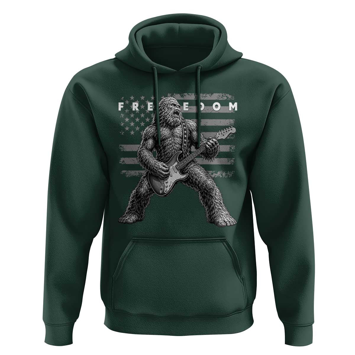 Freedom Bigfoot Playing Electric Guitar Hoodie Sasquatch Rock Star American Flag Patriotic Graphic