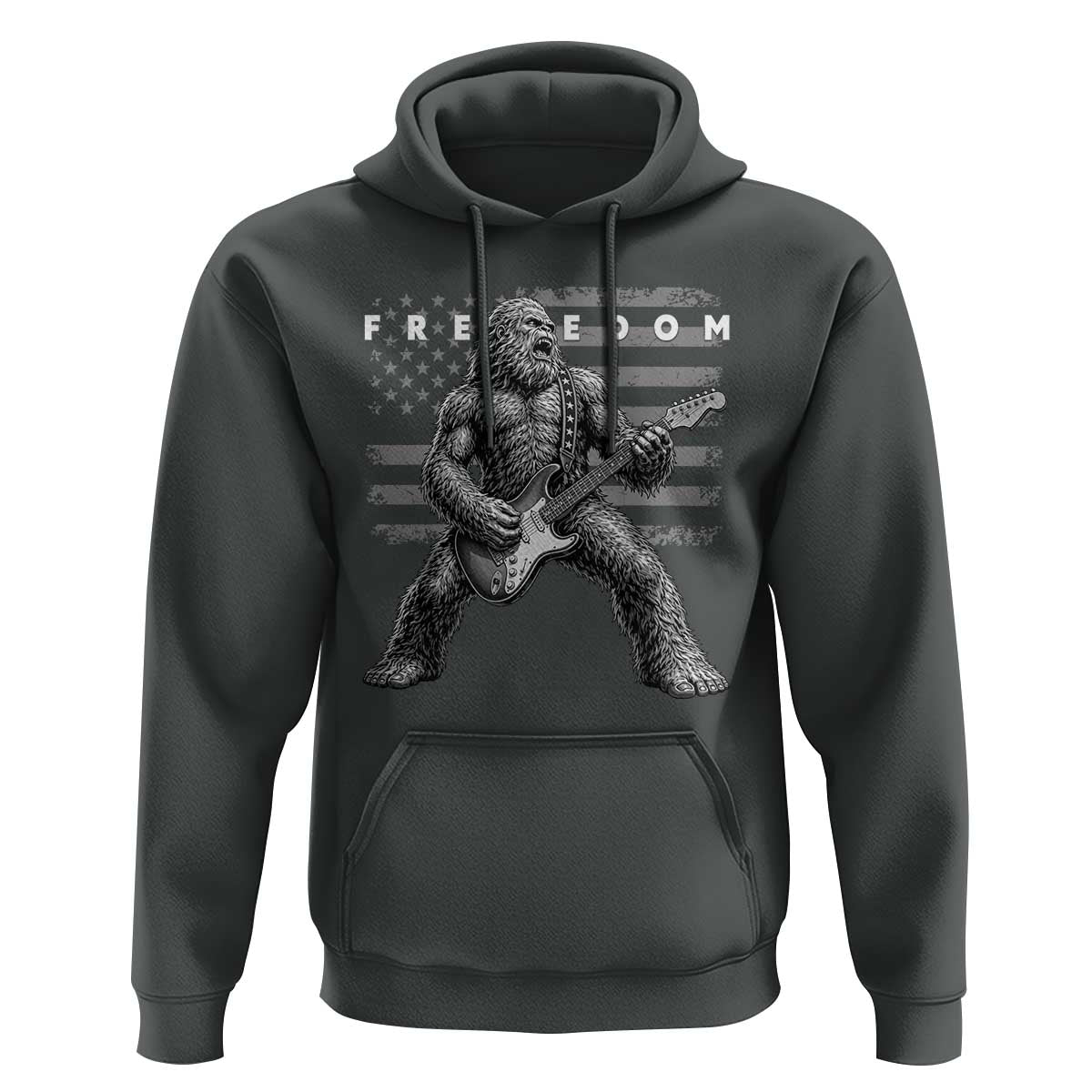 Freedom Bigfoot Playing Electric Guitar Hoodie Sasquatch Rock Star American Flag Patriotic Graphic