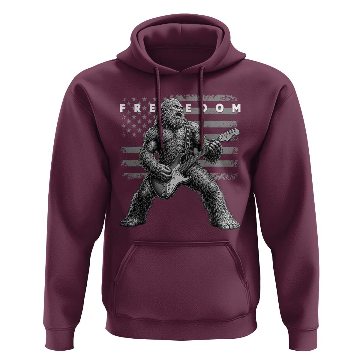 Freedom Bigfoot Playing Electric Guitar Hoodie Sasquatch Rock Star American Flag Patriotic Graphic