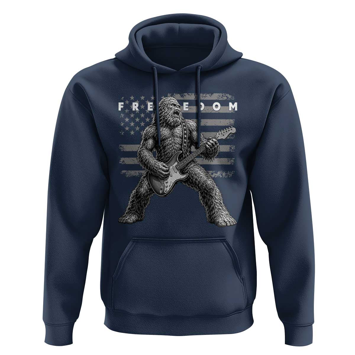 Freedom Bigfoot Playing Electric Guitar Hoodie Sasquatch Rock Star American Flag Patriotic Graphic