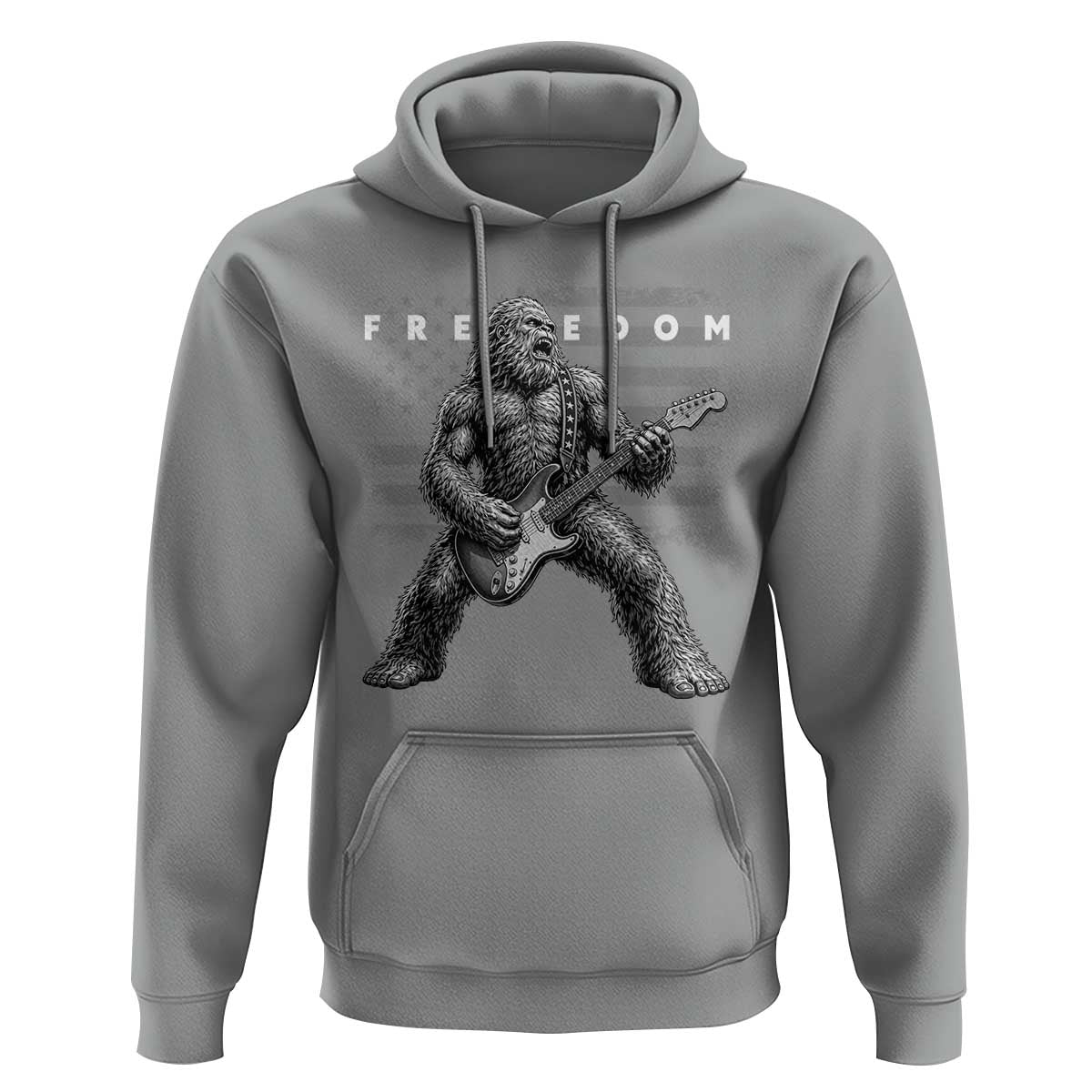 Freedom Bigfoot Playing Electric Guitar Hoodie Sasquatch Rock Star American Flag Patriotic Graphic