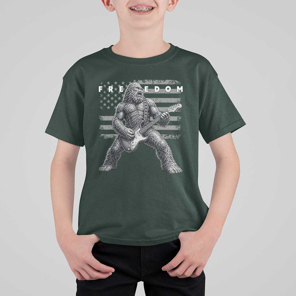 Freedom Bigfoot Playing Electric Guitar T Shirt For Kid Sasquatch Rock Star American Flag Patriotic Graphic
