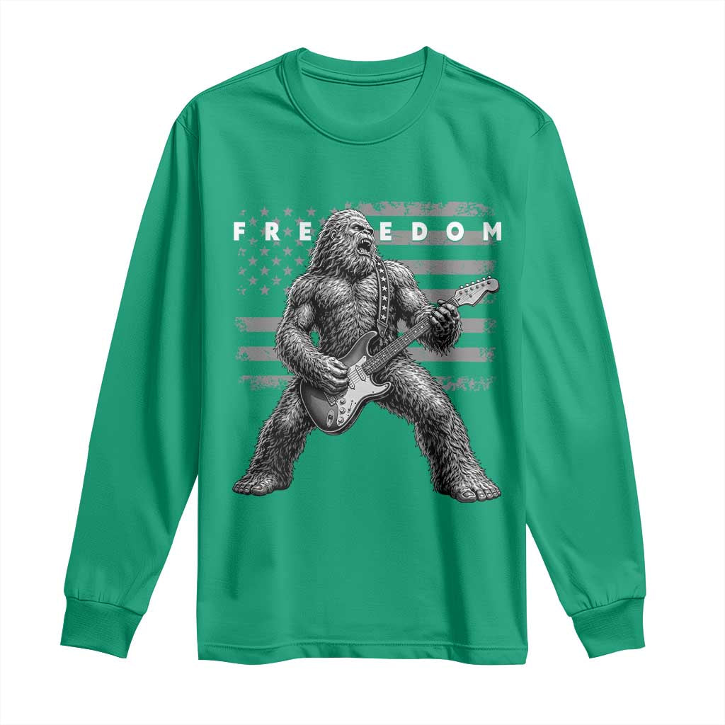 Freedom Bigfoot Playing Electric Guitar Long Sleeve Shirt Sasquatch Rock Star American Flag Patriotic Graphic