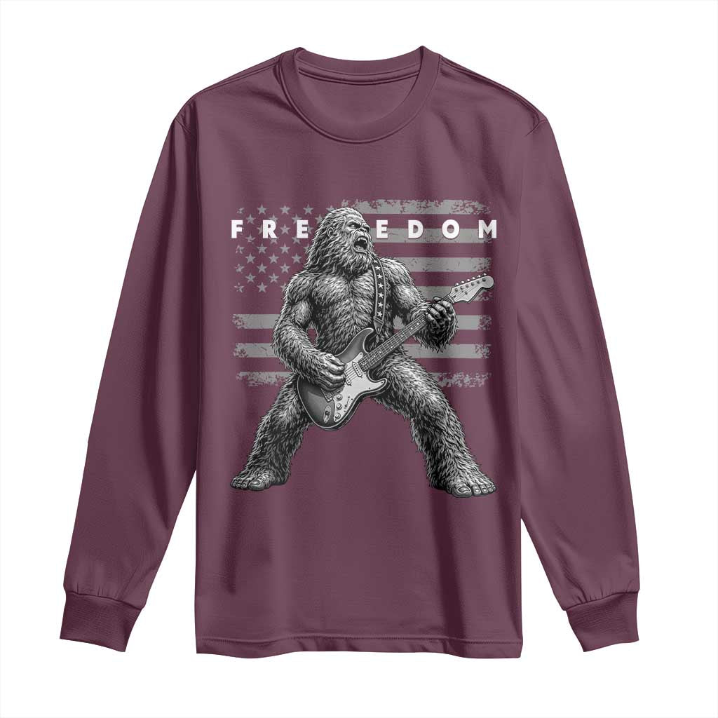 Freedom Bigfoot Playing Electric Guitar Long Sleeve Shirt Sasquatch Rock Star American Flag Patriotic Graphic