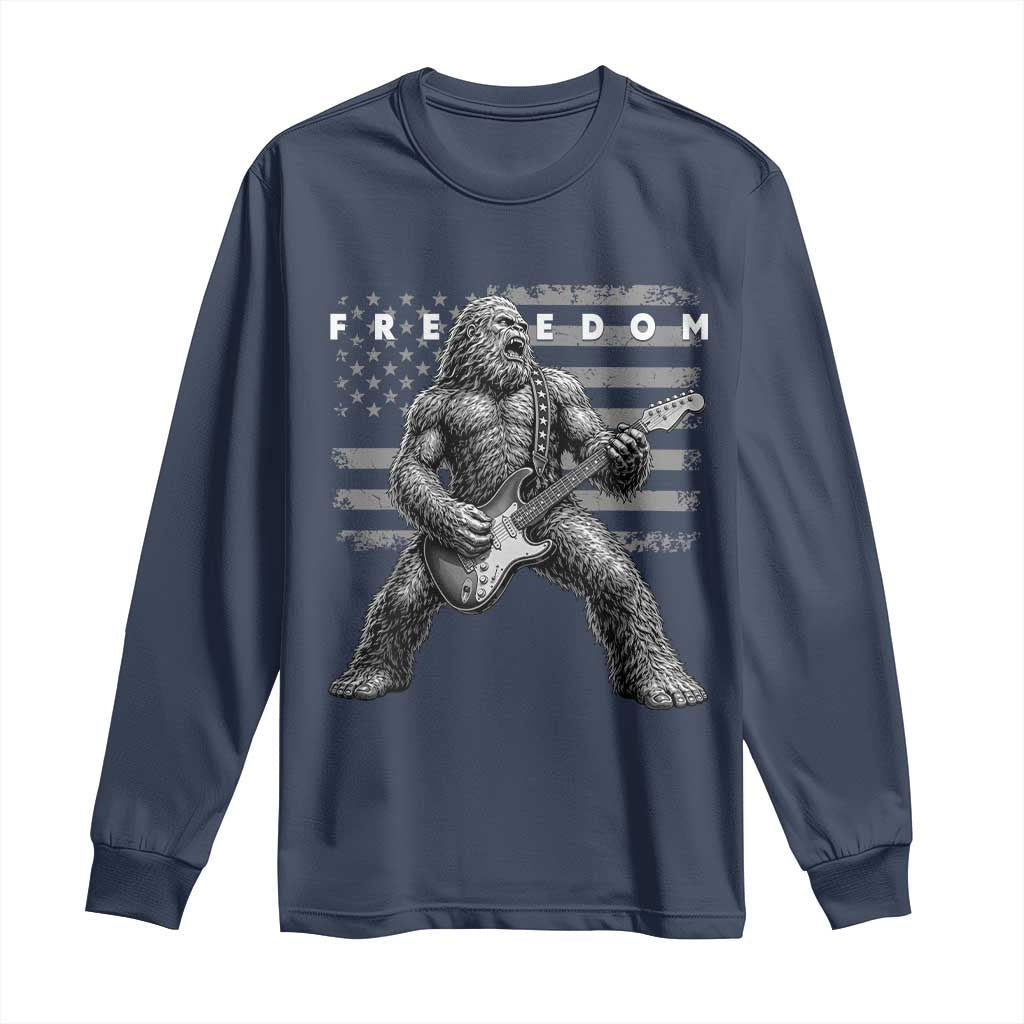 Freedom Bigfoot Playing Electric Guitar Long Sleeve Shirt Sasquatch Rock Star American Flag Patriotic Graphic