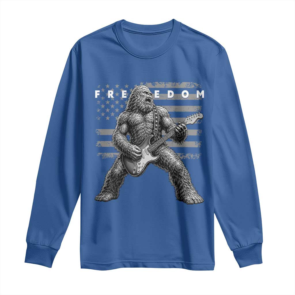 Freedom Bigfoot Playing Electric Guitar Long Sleeve Shirt Sasquatch Rock Star American Flag Patriotic Graphic