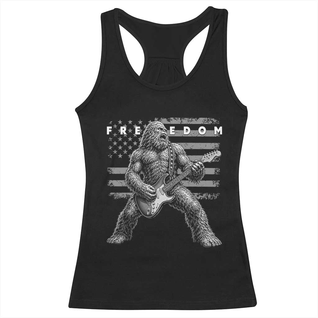 Freedom Bigfoot Playing Electric Guitar Racerback Tank Top Sasquatch Rock Star American Flag Patriotic Graphic