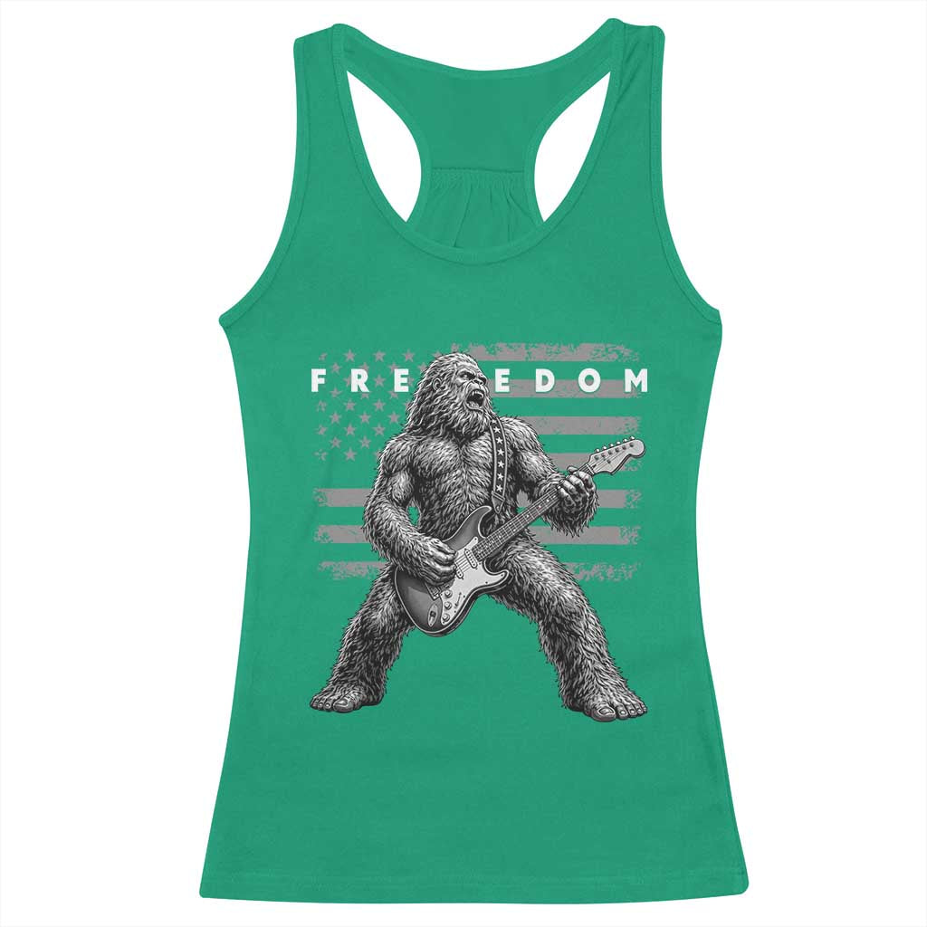 Freedom Bigfoot Playing Electric Guitar Racerback Tank Top Sasquatch Rock Star American Flag Patriotic Graphic