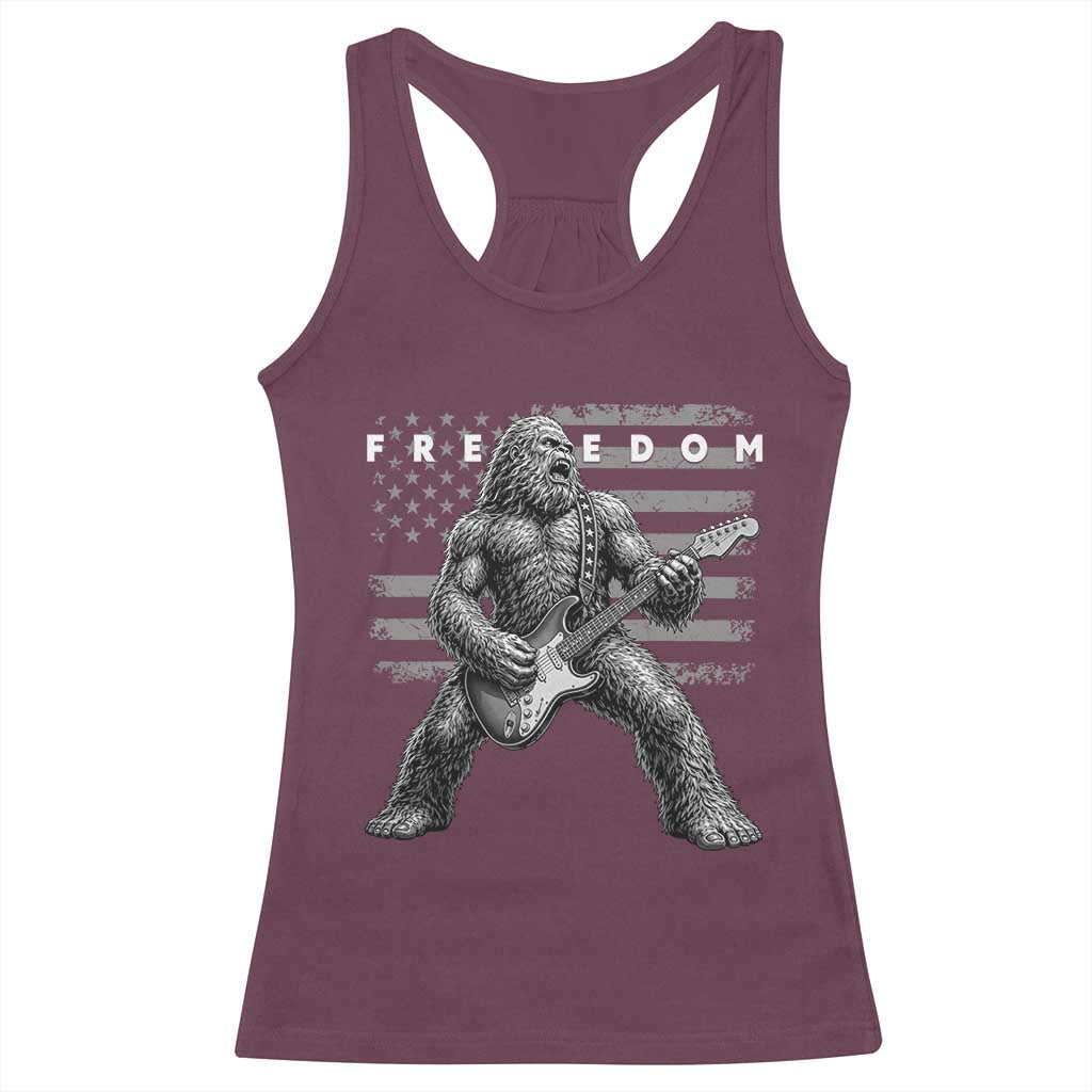 Freedom Bigfoot Playing Electric Guitar Racerback Tank Top Sasquatch Rock Star American Flag Patriotic Graphic