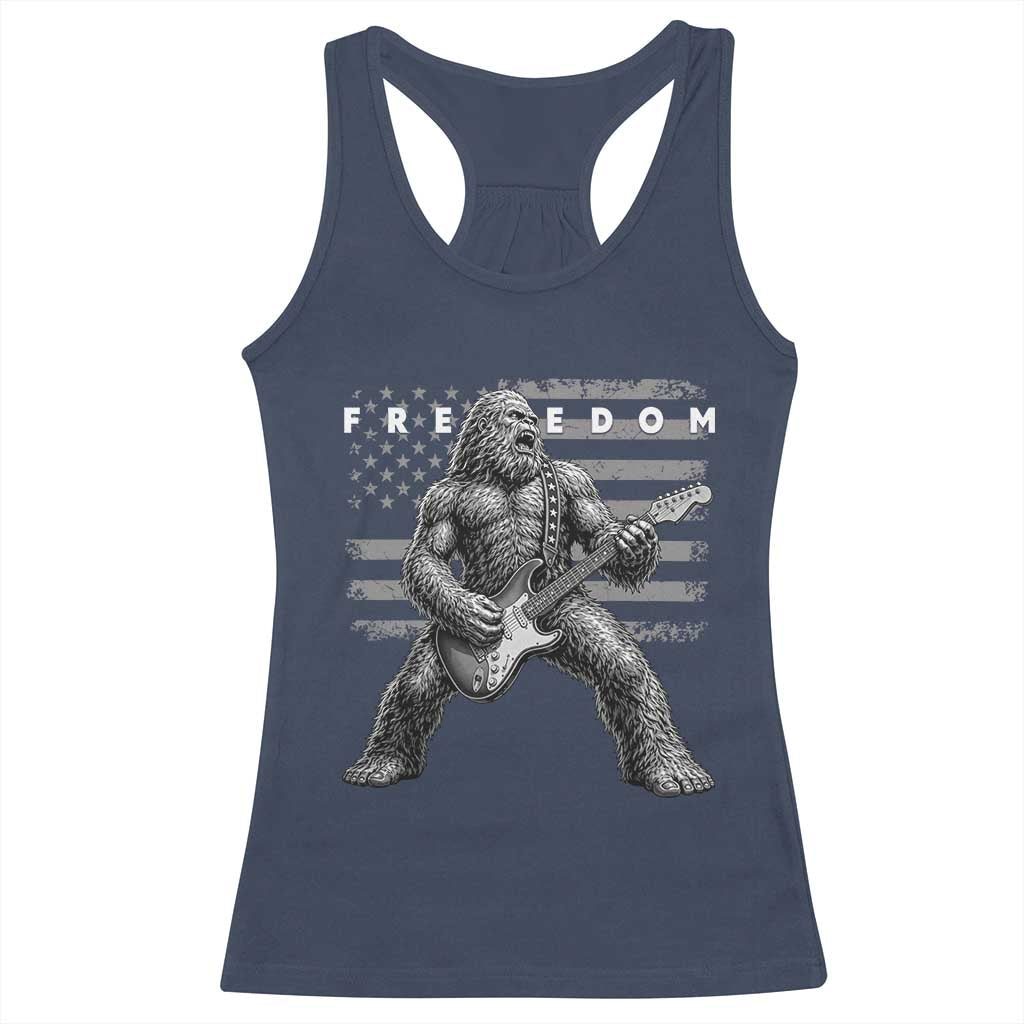 Freedom Bigfoot Playing Electric Guitar Racerback Tank Top Sasquatch Rock Star American Flag Patriotic Graphic