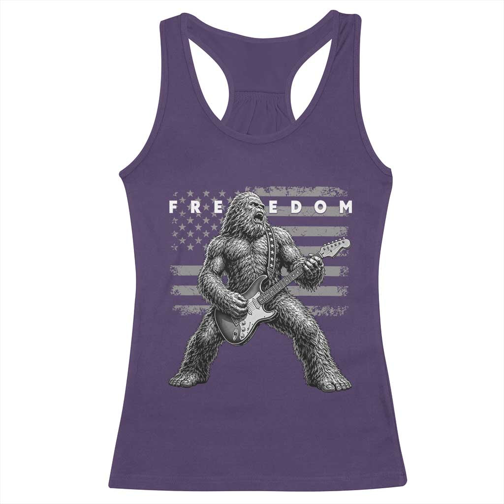 Freedom Bigfoot Playing Electric Guitar Racerback Tank Top Sasquatch Rock Star American Flag Patriotic Graphic