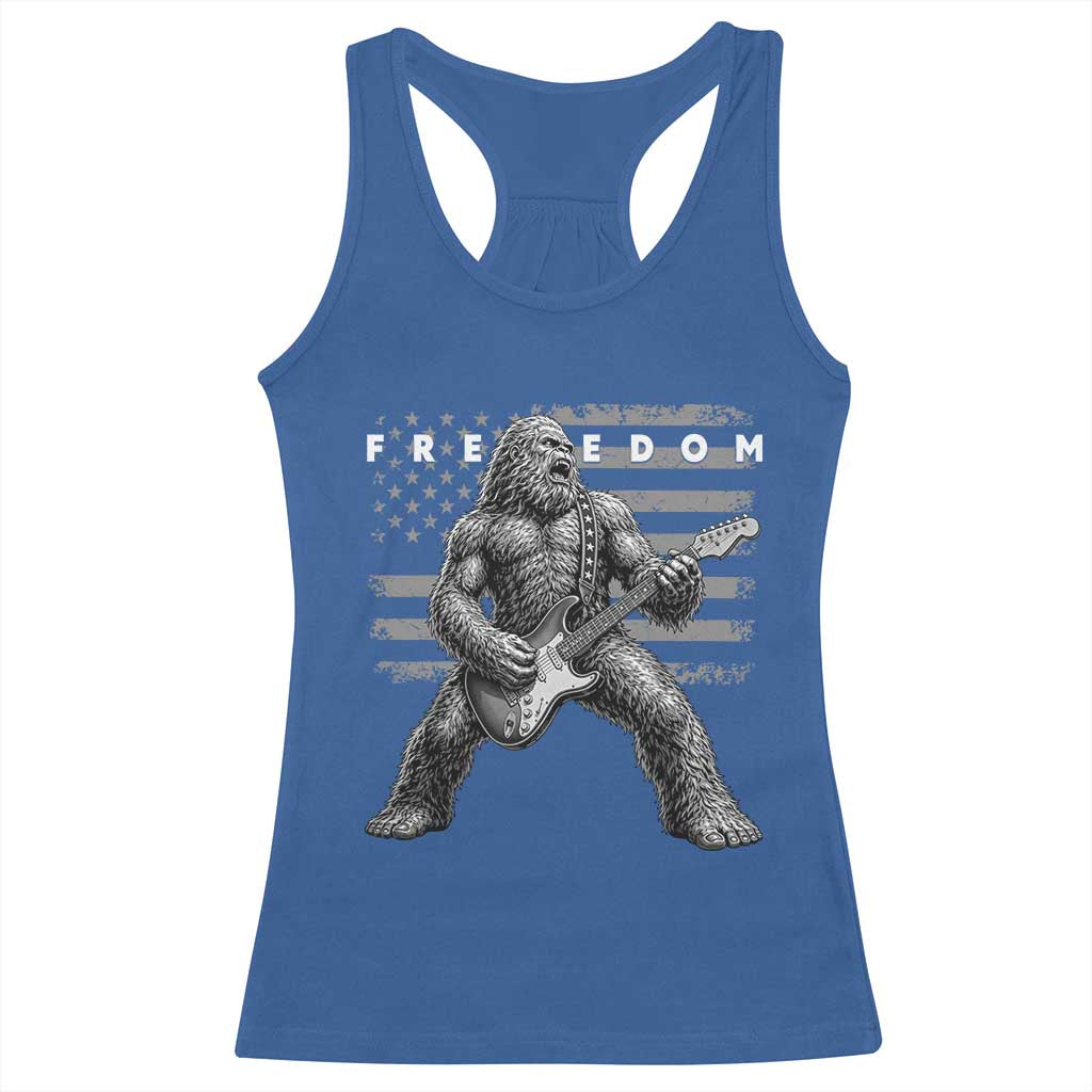 Freedom Bigfoot Playing Electric Guitar Racerback Tank Top Sasquatch Rock Star American Flag Patriotic Graphic