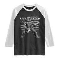 Freedom Bigfoot Playing Electric Guitar Raglan Shirt Sasquatch Rock Star American Flag Patriotic Graphic