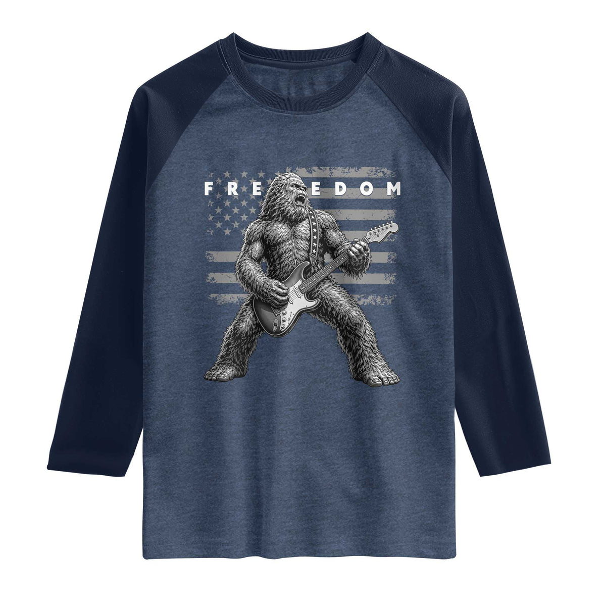 Freedom Bigfoot Playing Electric Guitar Raglan Shirt Sasquatch Rock Star American Flag Patriotic Graphic