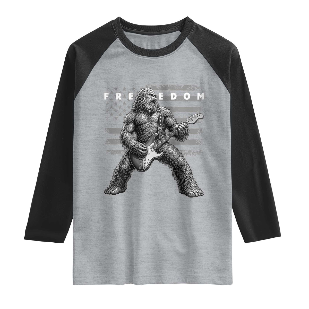 Freedom Bigfoot Playing Electric Guitar Raglan Shirt Sasquatch Rock Star American Flag Patriotic Graphic
