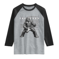 Freedom Bigfoot Playing Electric Guitar Raglan Shirt Sasquatch Rock Star American Flag Patriotic Graphic