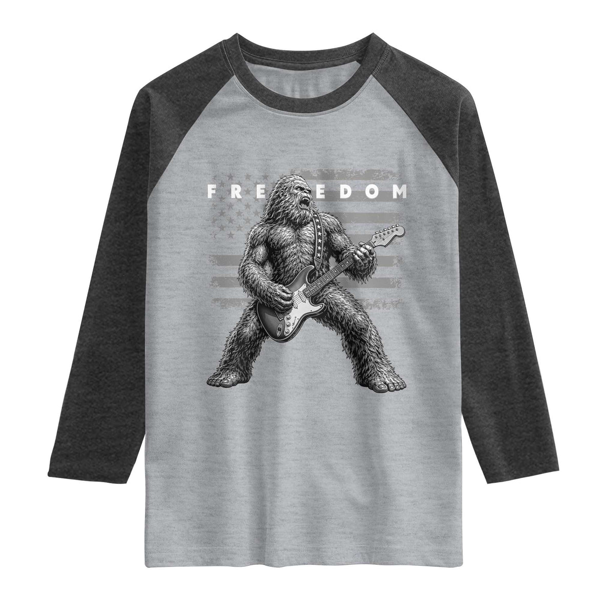 Freedom Bigfoot Playing Electric Guitar Raglan Shirt Sasquatch Rock Star American Flag Patriotic Graphic